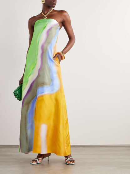 New Colors! CE Aura Rainbow Silk Strapless Maxi Dress