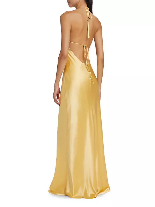 Yellow Jeany Silk Halter Maxi Dress Gown