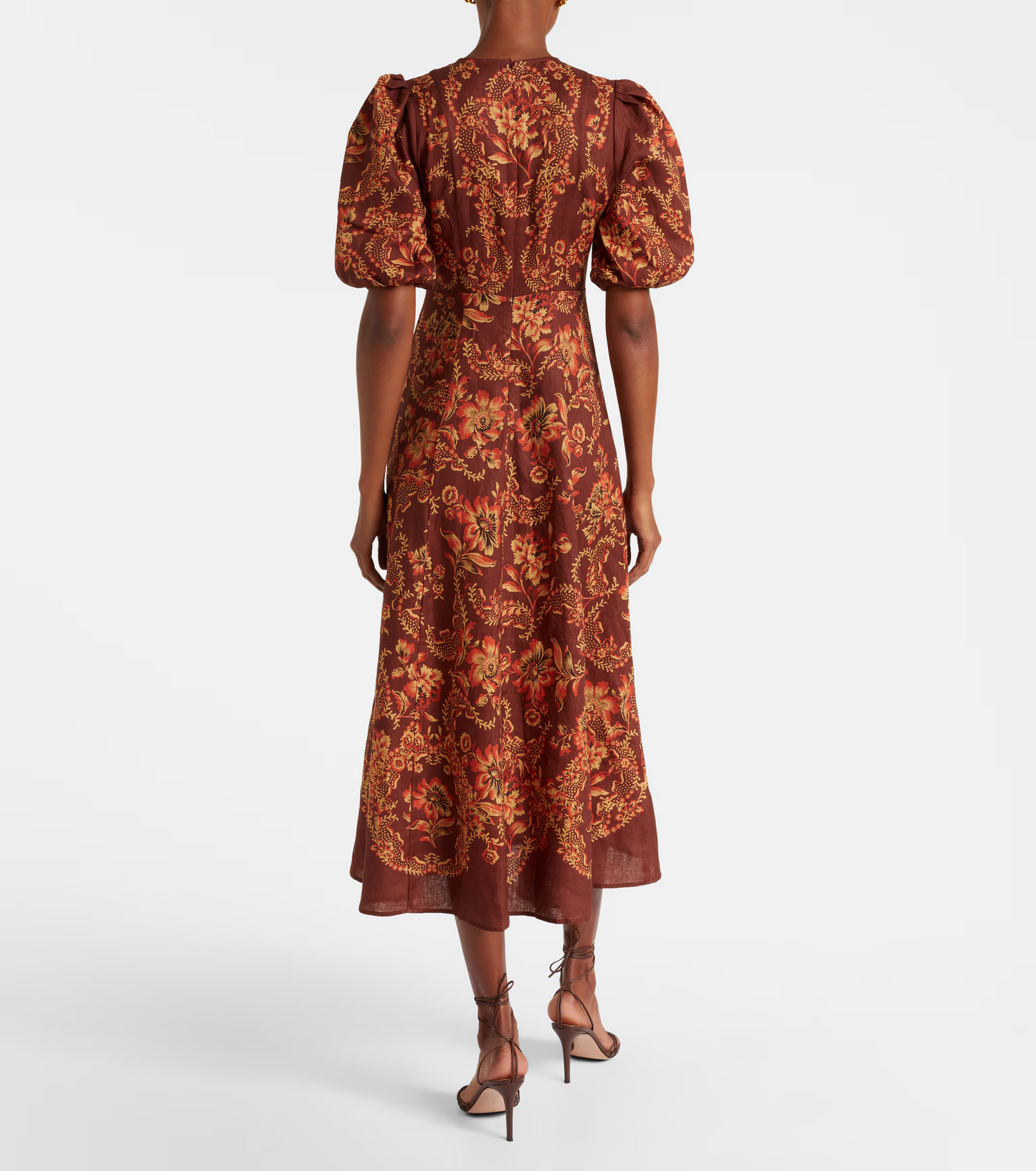 ALM Seraphina Printed Puff Sleeve Linen Midi Dress