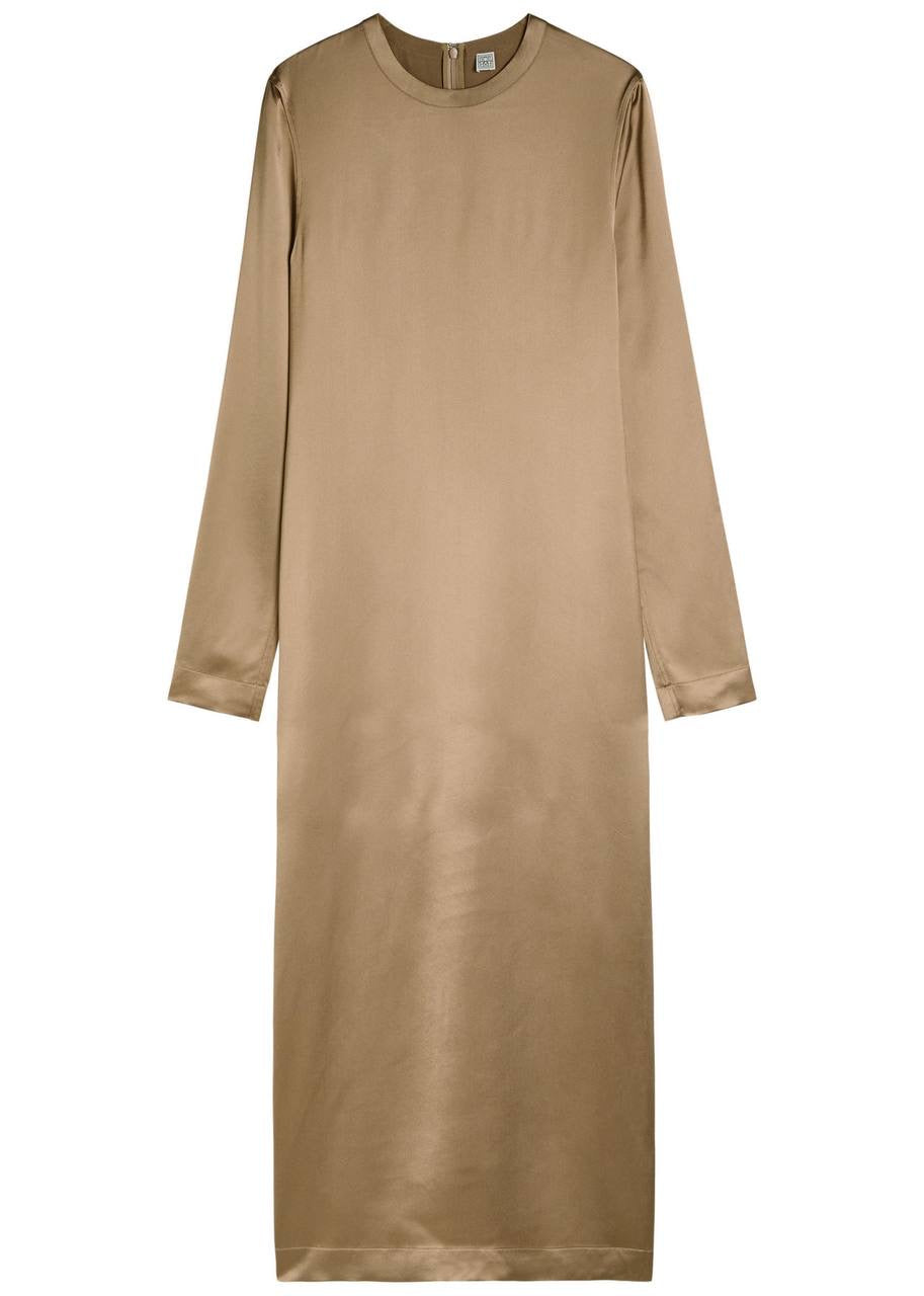 TOT Viscose Satin High-Neck Long Sleeve Midi Maxi Dress