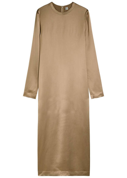 TOT Viscose Satin High-Neck Long Sleeve Midi Maxi Dress