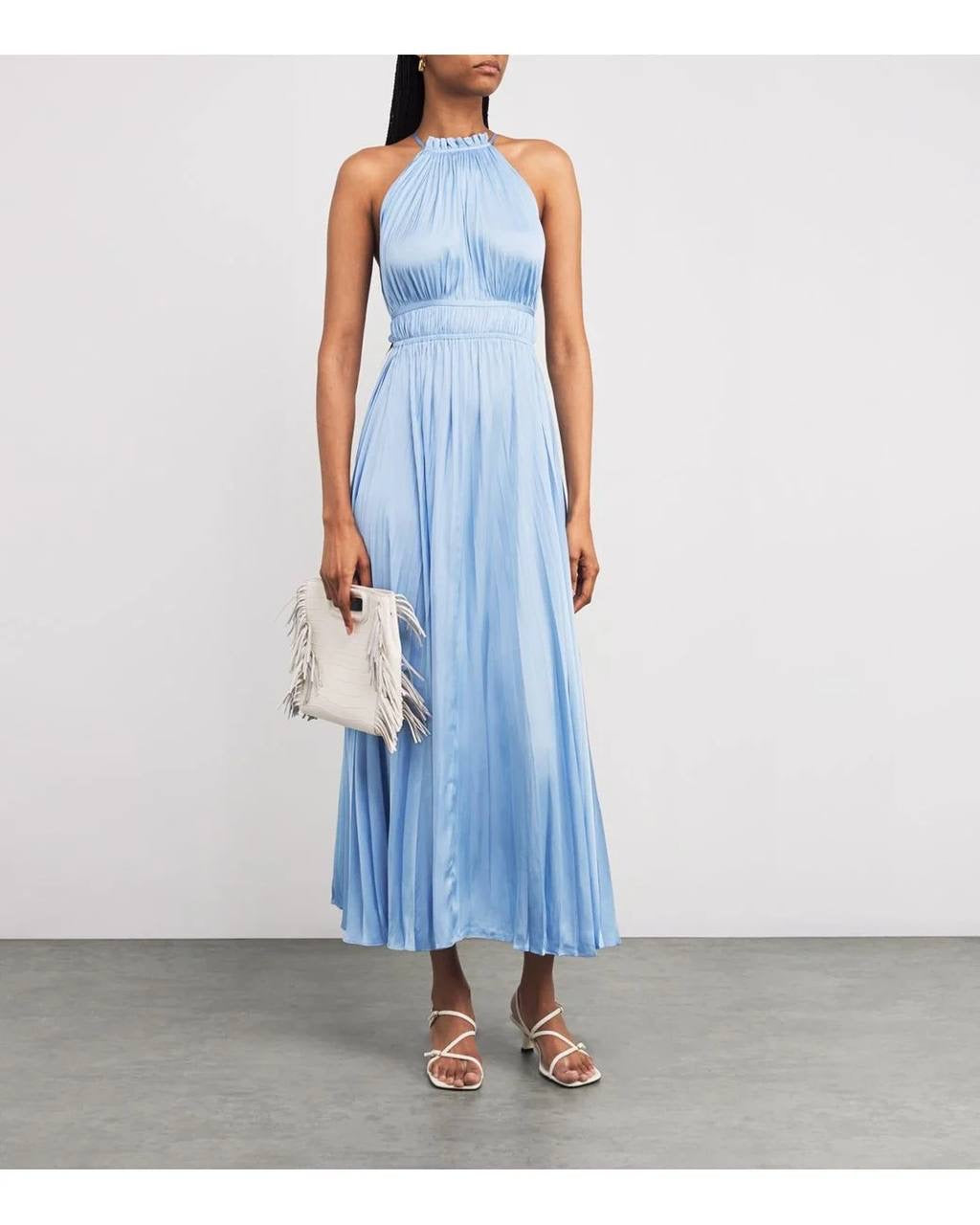 MJ Blue Sky Satin Pleated Plissé-Effect Halter Midi Maxi Dress