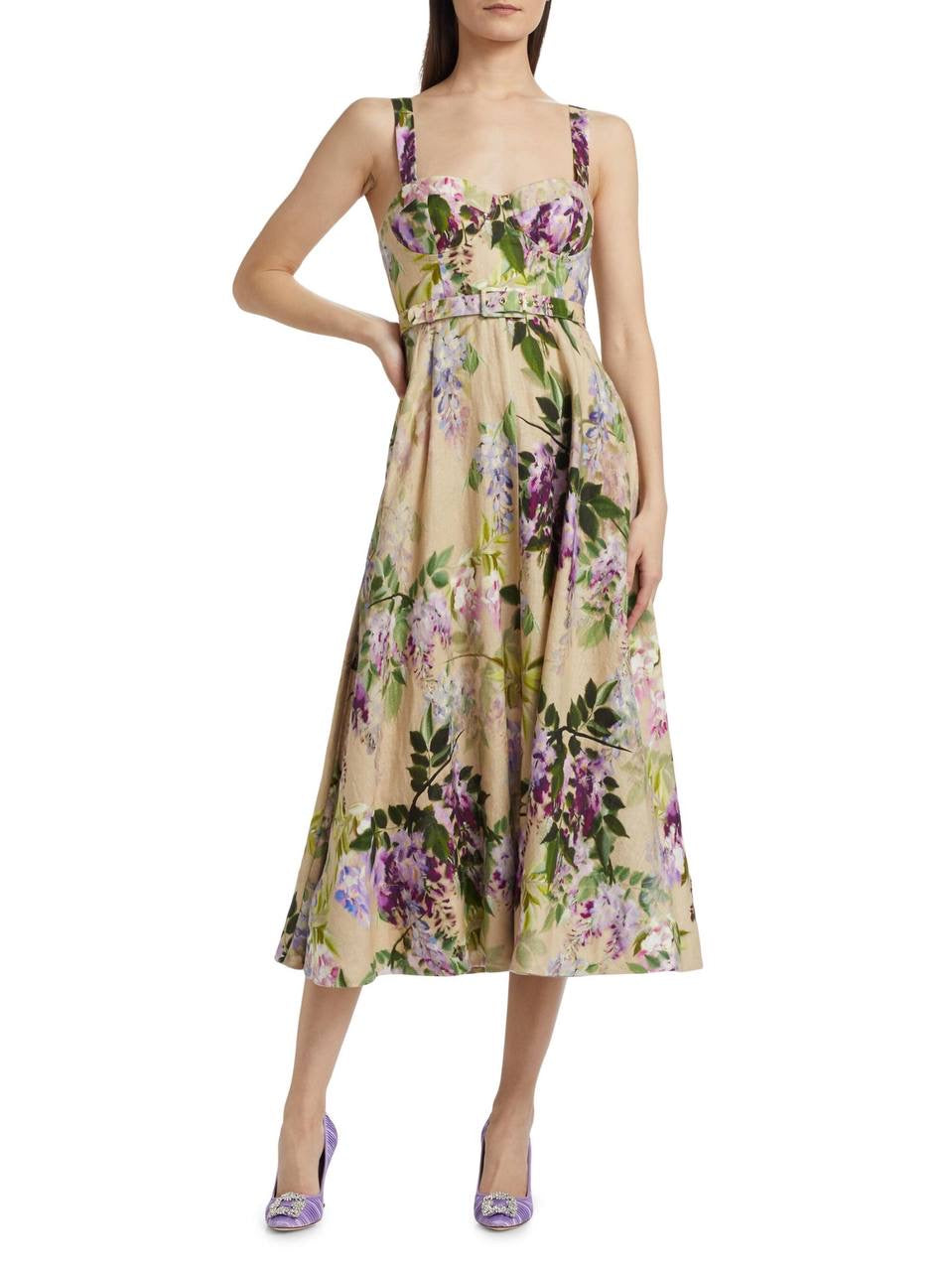 CC Calypso Bustier Belted Midi Dress in Floral Linen | Trellis Eyelet White Cotton