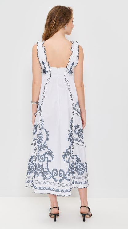 ALM Hazel Smocked Embroidered Sundress Midi Dress