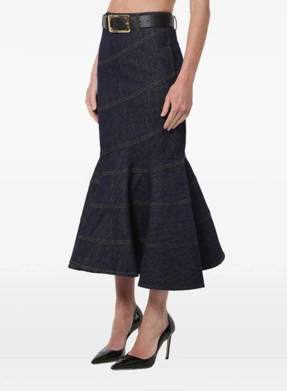 SP Indigo Denim Belted Midi Skirt