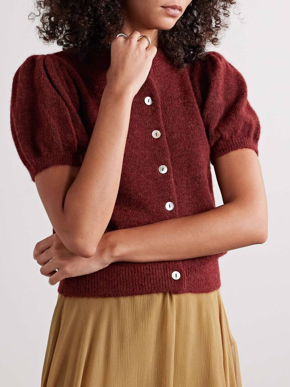 6 Colors! DN Anisa Alpaca-Wool Blend Short-Sleeved Cardigan Top