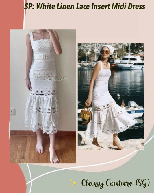 SP White Linen Lace Insert Belted Midi Dress