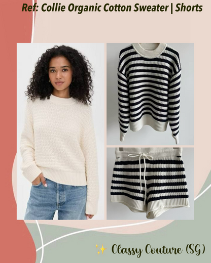 Ref Collie Organic Cotton Oversized Crew Sweater | Knit Shorts | Navy Fior Di Latte Textured Stripe & Gossamer Cream Set