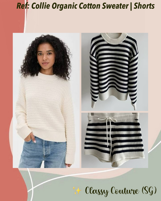 Ref Collie Organic Cotton Oversized Crew Sweater | Knit Shorts | Navy Fior Di Latte Textured Stripe & Gossamer Cream Set