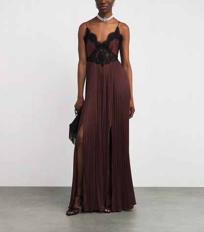 SP Brown Satin Lace Insert Maxi Dress