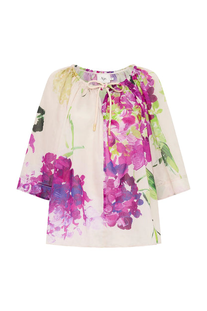 AJ Bridget Bell Sleeve Blouse in Wild Hydrangea Linen-Blend