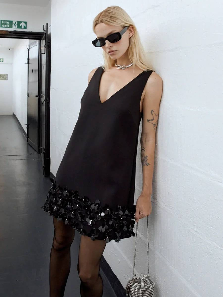 SP Black & Cream Crepe 3D Sequin Mini Dress