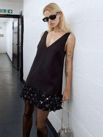 SP Black & Cream Crepe 3D Sequin Mini Dress