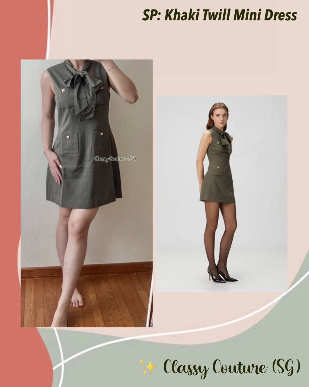SP Khaki Twill Pussybow Shift Mini Dress