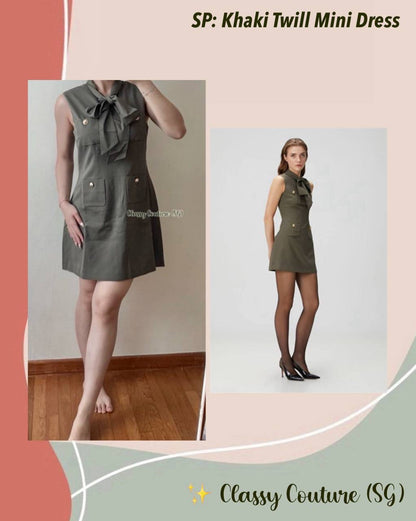 SP Khaki Twill Pussybow Shift Mini Dress