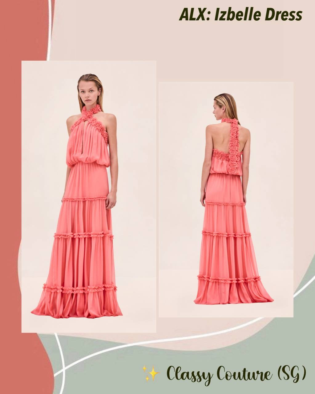 ALX Izbelle Crinkled Chiffon Floral Tiered Halter Maxi Dress in Hibiscus