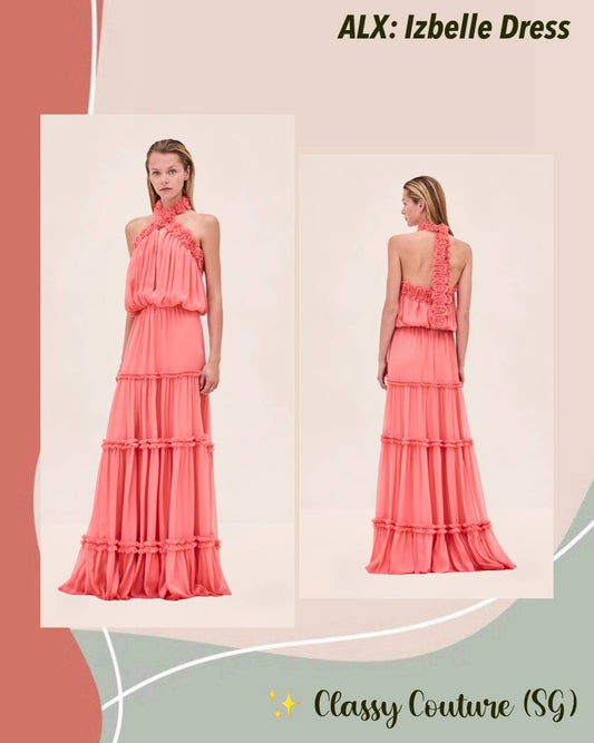 ALX Izbelle Crinkled Chiffon Floral Tiered Halter Maxi Dress in Hibiscus