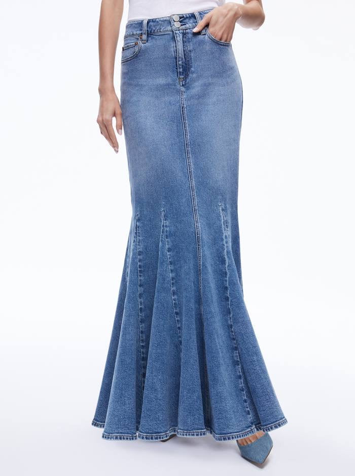 AO Nala Denim Godet Maxi Skirt