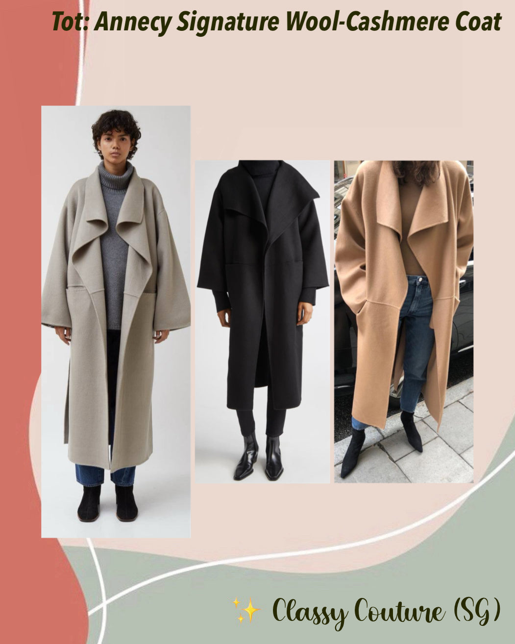 3 Colors! Tot Annecy Signature Wool-Cashmere Coat