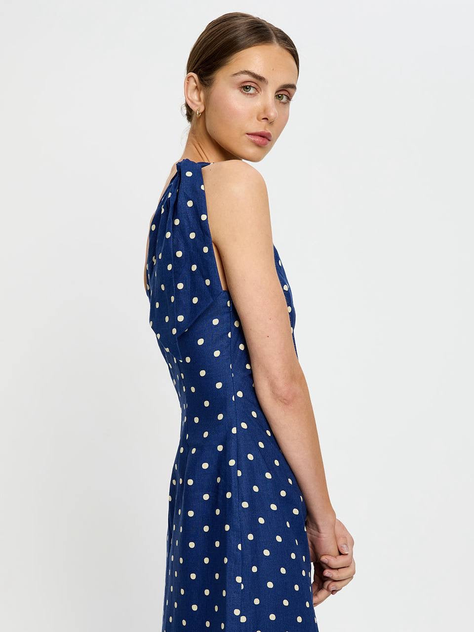 KV Lily One-Shoulder Toga Midi Dress | Strapless Bubble Cotton-Linen Polka Dot Maxi Dress