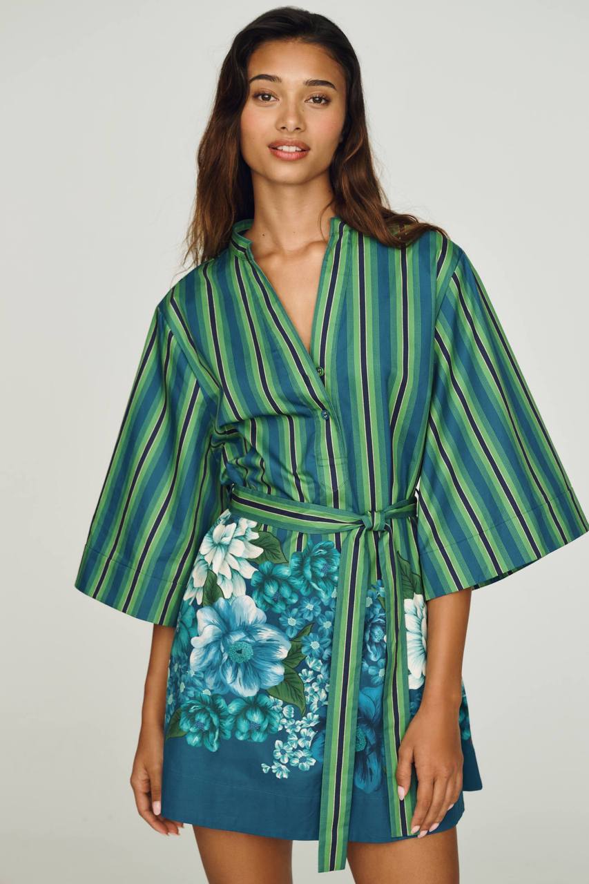 ALM004 Green/Blue Stripe Floral Bloom Organic-Cotton Mini Dress Shirtdress