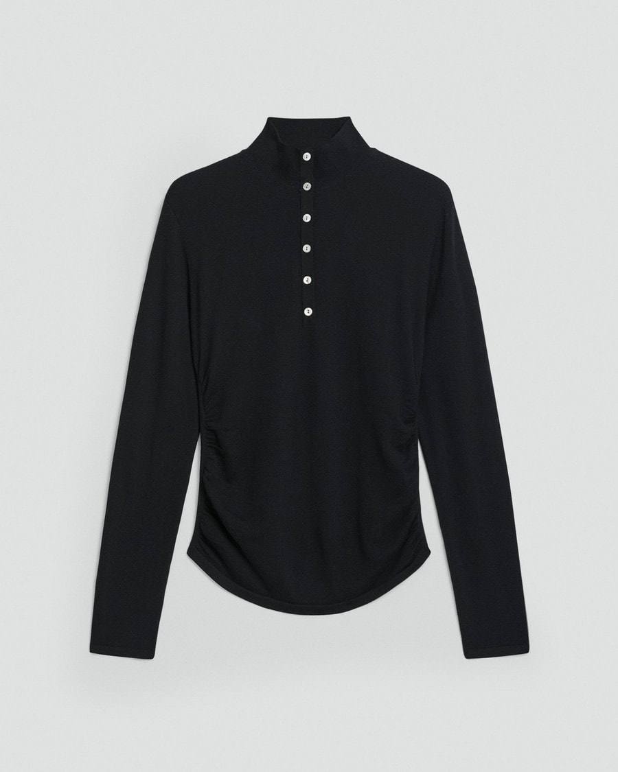 TH Shirred Henley Regal Wool Sweater Quarter Button Long Sleeve Top