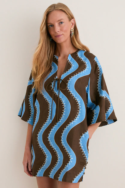 ALM024 Bold Brown/Blue Wave Stitch Tunic Shift Linen Mini Dress