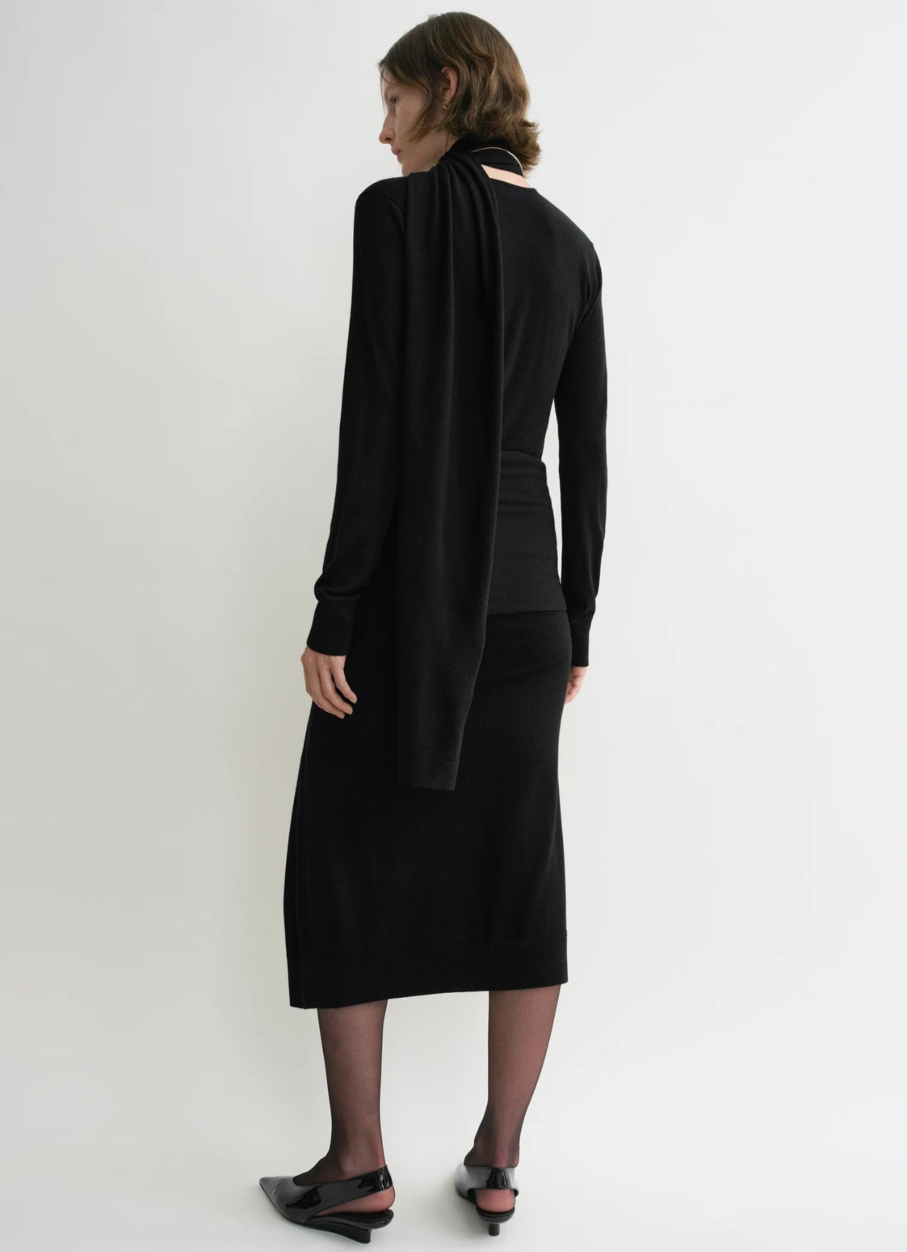 Tot Draped Scarf Fine Knit Top | Midi Skirt | Wool-Silk Set