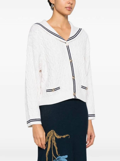 MJ Mirayalo Wool Cable-Knit Sailor Boat Neck Cardigan
