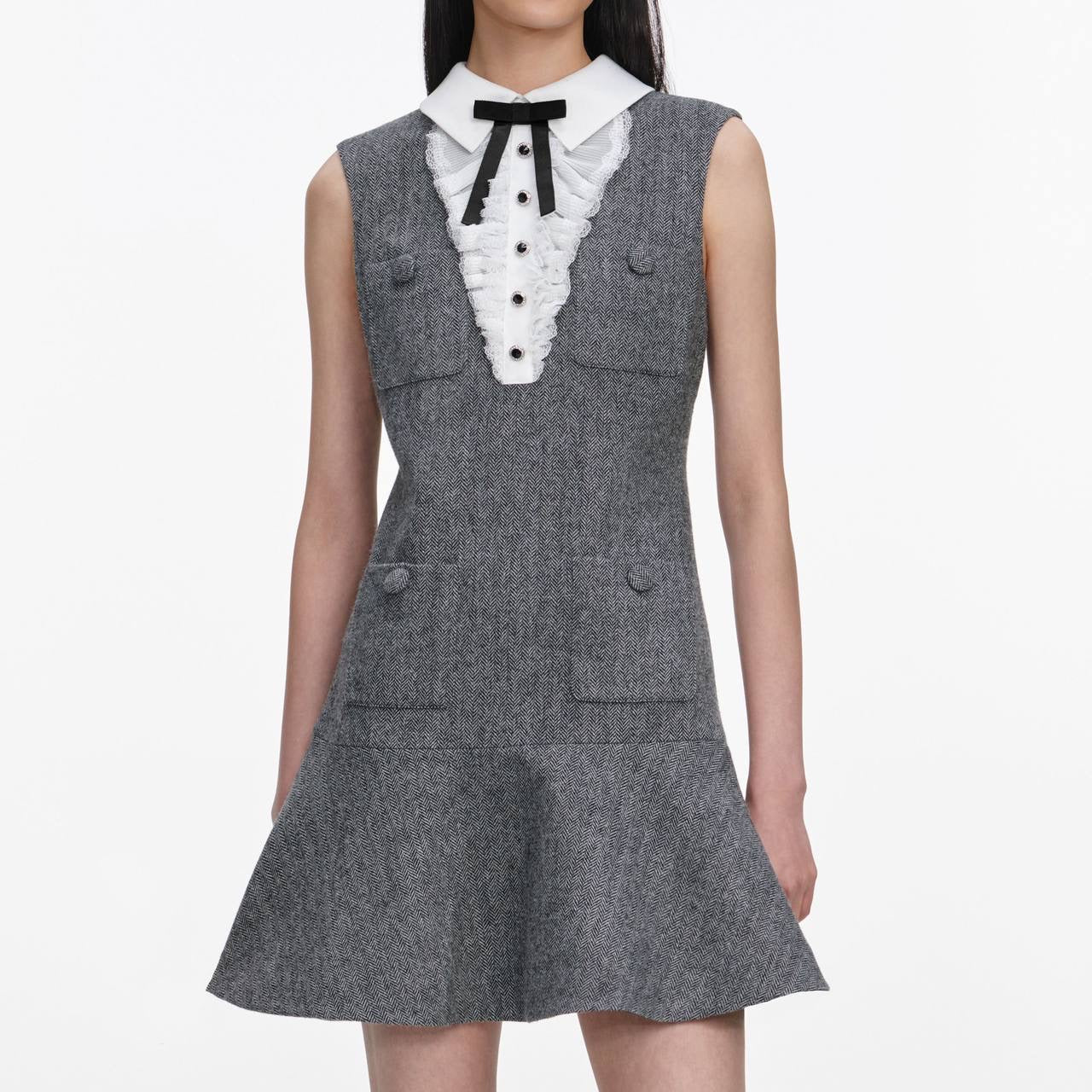 SP Grey Herringbone Lace Bib Mini Dress