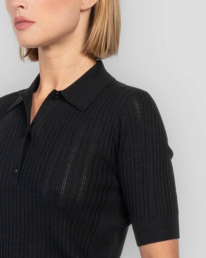 MM Pointelle Shrunken V-Neck Merino Wool Polo Shirt Top