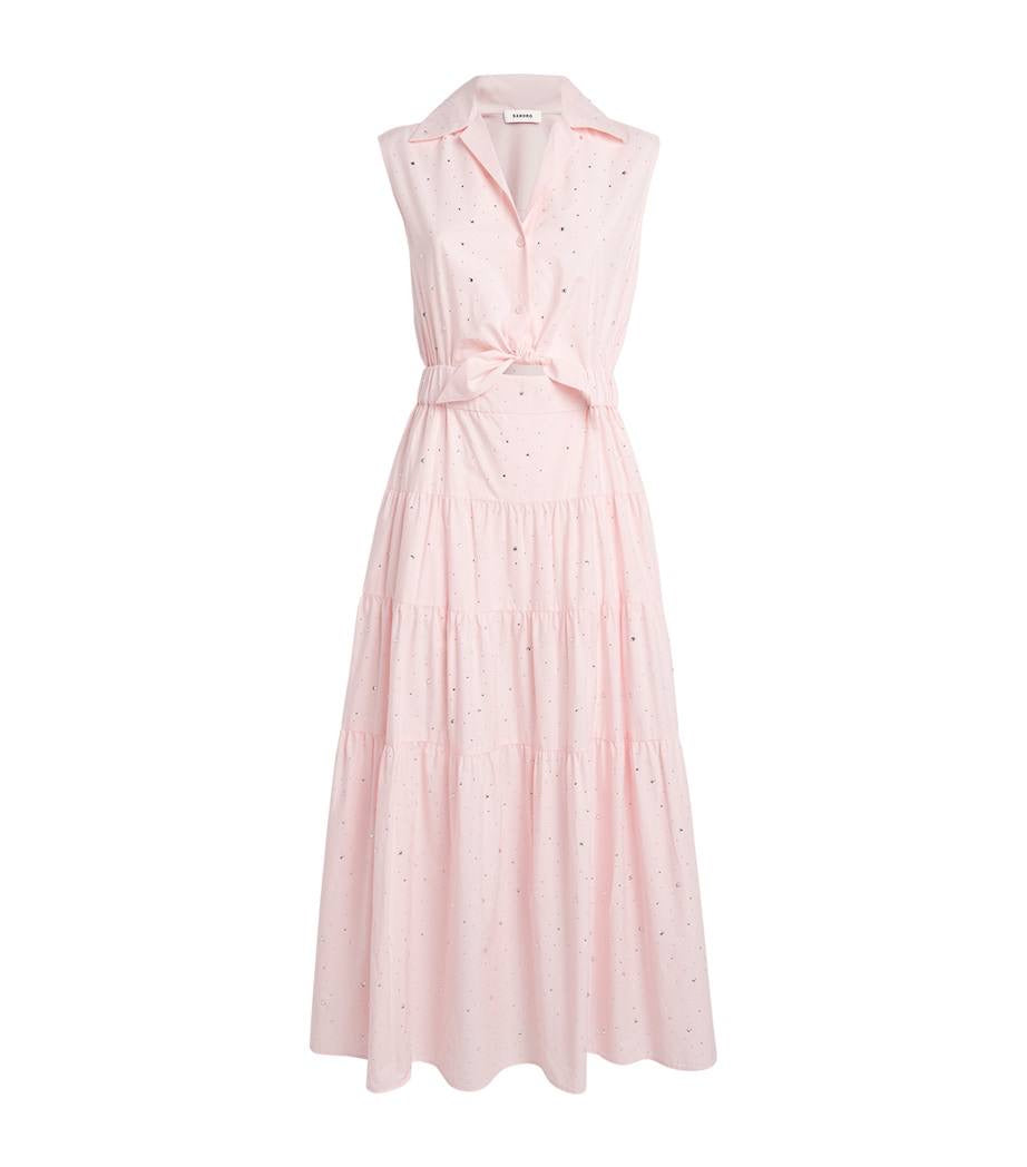 SD Azazel Pink Rhinestone Embellished Tie-Front Cotton Midi Dress