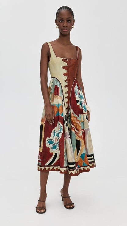 ALM Michelle Linen-Viscose Square Neck Midi Dress