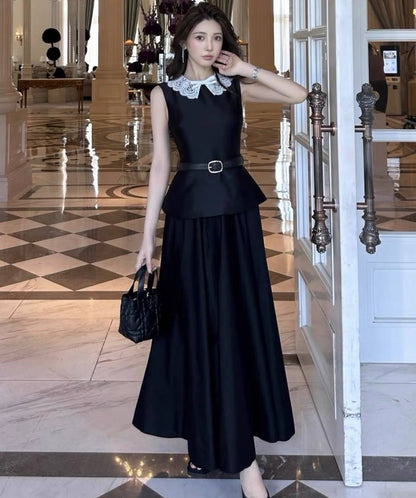 SP Black Belted Peplum Midi Dress in Taffeta