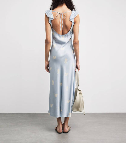 CP Viscose Satin Blue Floral Print Lace-front Maxi Dress