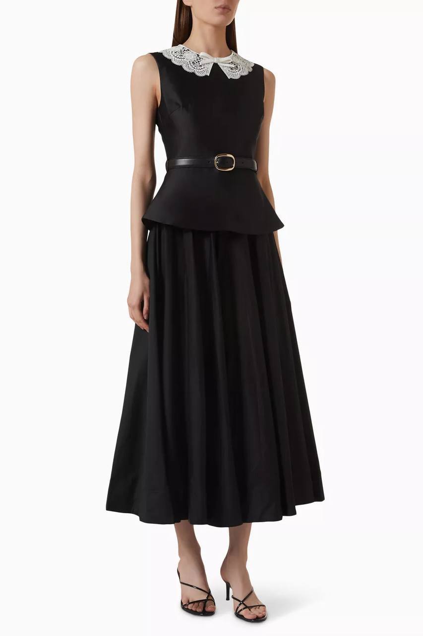 SP Black Belted Peplum Midi Dress in Taffeta
