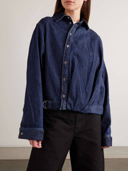 LW Draped Asymmetric Button Shirt | Belted Baggy Pant Jeans | Cotton-blend Denim Set