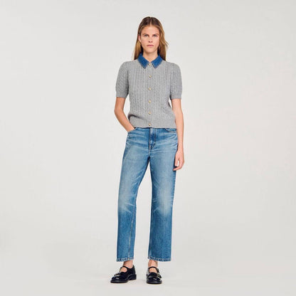 SD Mado Denim Collar Short-sleeved Wool-Cashmere Cable Knit Cardigan