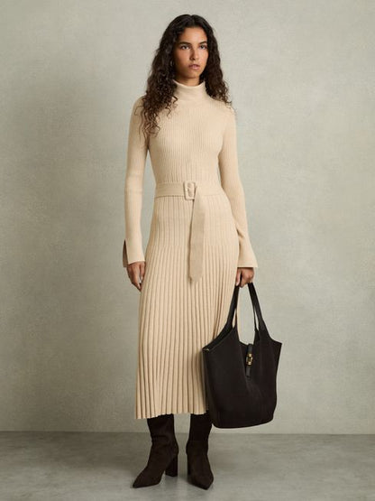 RS Vinette Ribbed Funnel Neck Belted Midi Dress