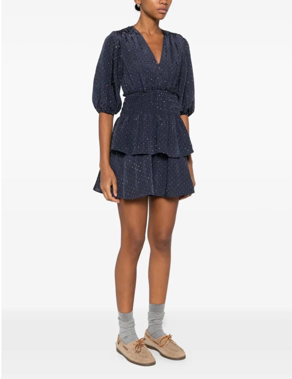MJ Ruffle And Rhinestone Mini Dress in Navy Blue