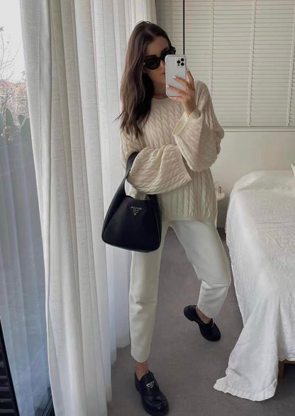 TOT Cashmere Cable-Knit Oversized Sweater in Cream & Charcoal Grey