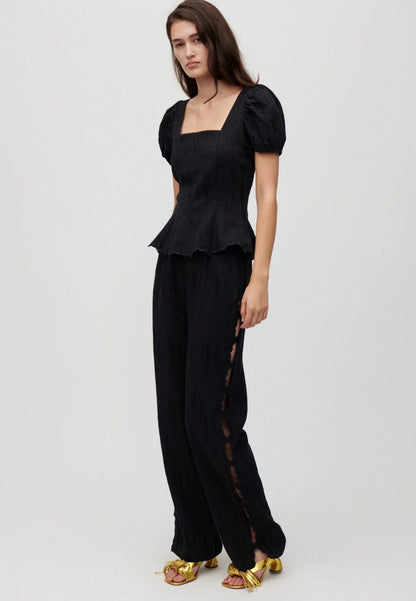 HFM Kira Puff Sleeve Top | Aura Pant Trousers | Scalloped Hem Edge Cotton-linen blend Set