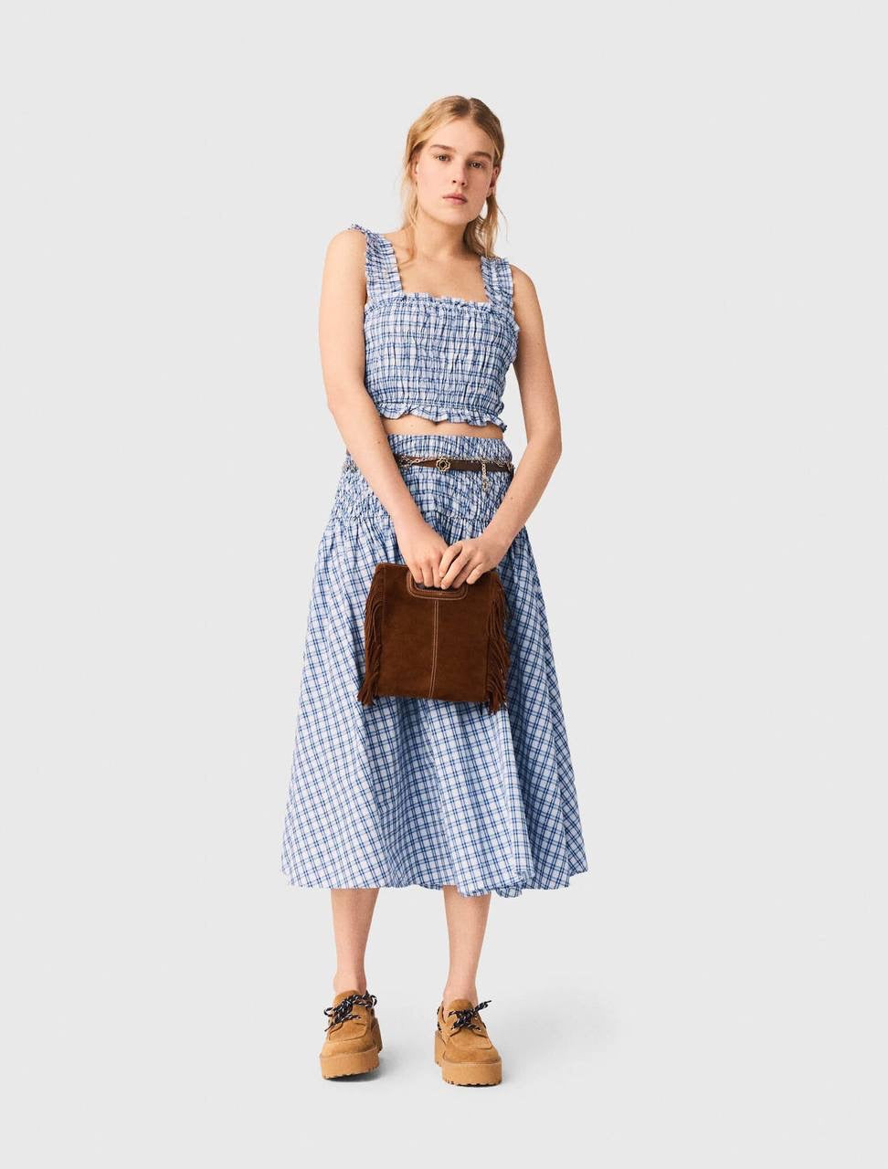 MJ Lunamimi Smocked Crop Top | Jomimi Midi Skirt | Rhinestone-embellished Gingham Cotton Set