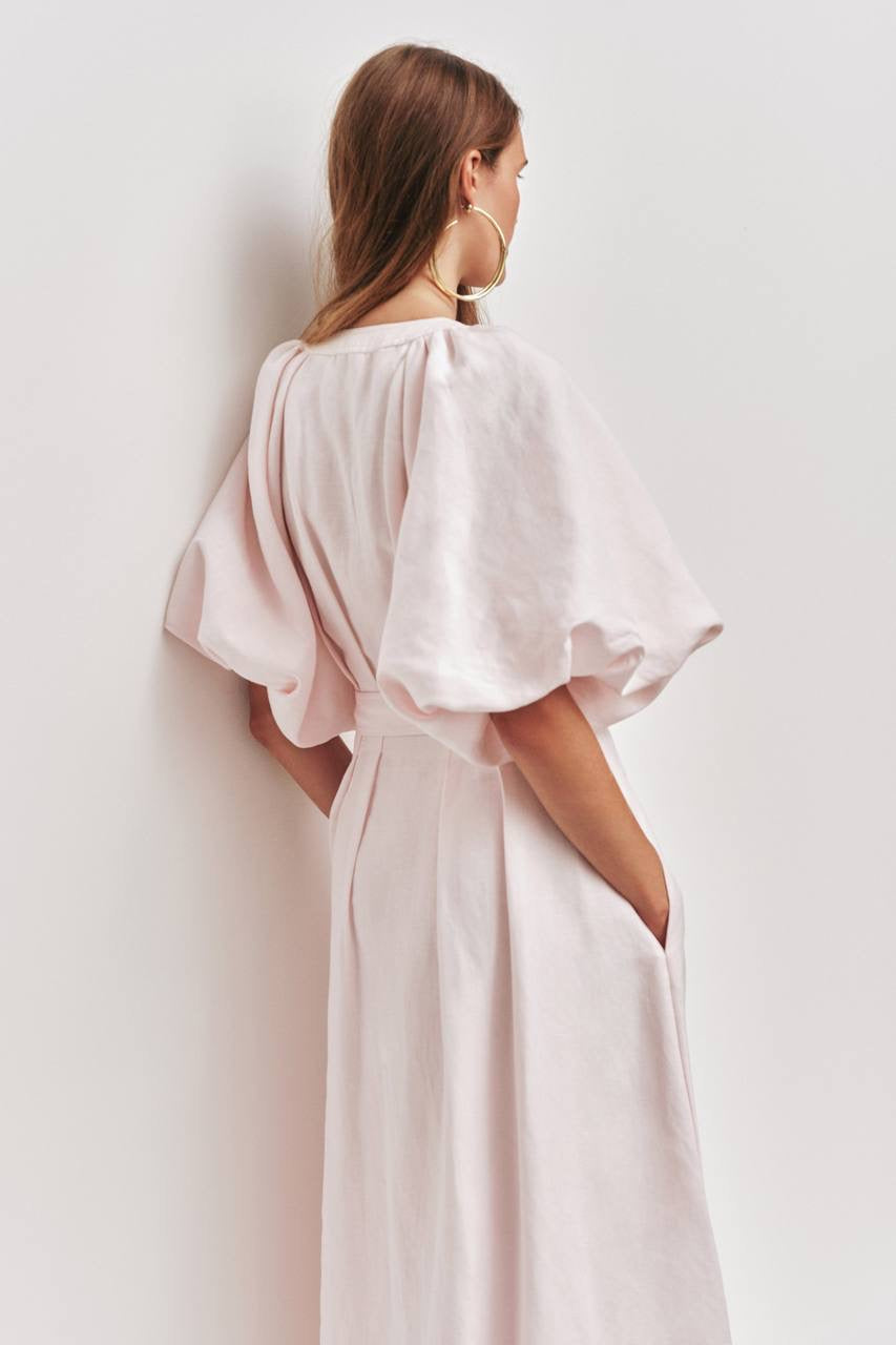 AJ Portrait Puff Sleeve Linen-blend Midi Dress