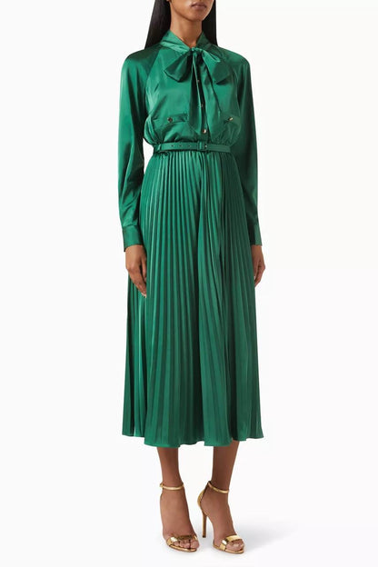 SP Green Satin Pussybow Pleated Midi Dress