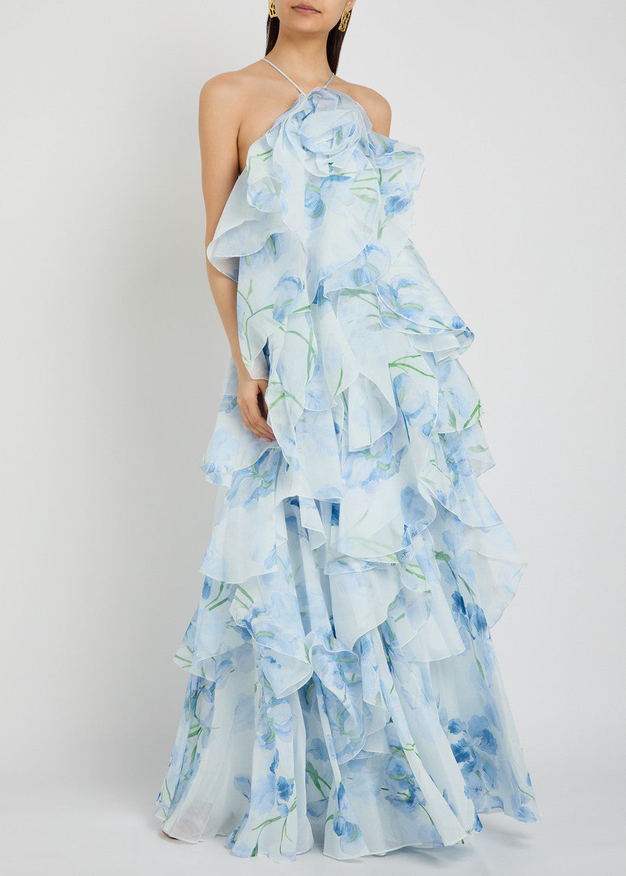 AJ Pandorea Halter Layered Maxi Dress in Iris Blue Floral & Butter Yellow