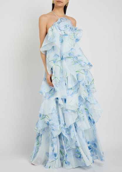 AJ Pandorea Halter Layered Maxi Dress in Iris Blue Floral & Butter Yellow