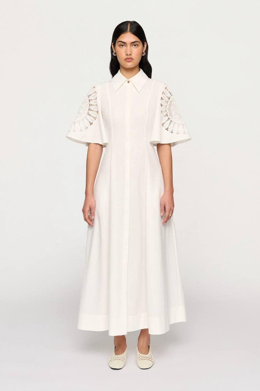 CLE Valentina Linen-cotton Lace-sleeve Midi Maxi Dress