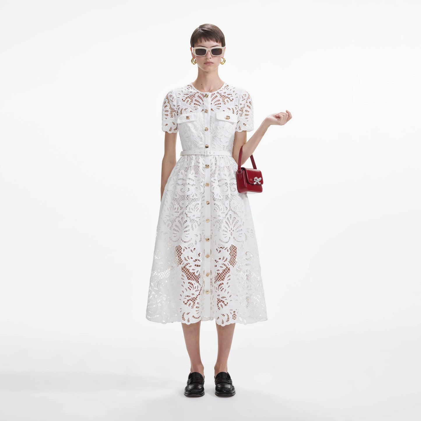 SP White Cotton Lace Button Midi Dress