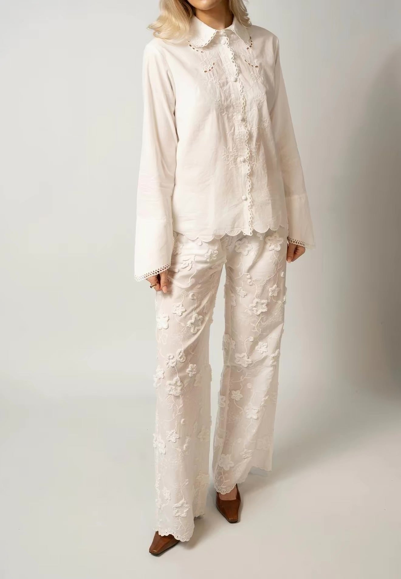 TG Fleur Cotton Embroidered Scalloped Pants